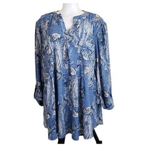 Cocomo 2X Pintuck Pleat Tunic Stretch Blue Paisley V Neck 3/4 Roll Tab Sleeve